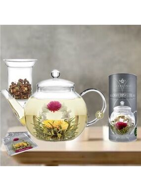 NWT Read Gorgeous TEABLOOM Celebration Teapot & 12 variety Flowering Teas Box +2